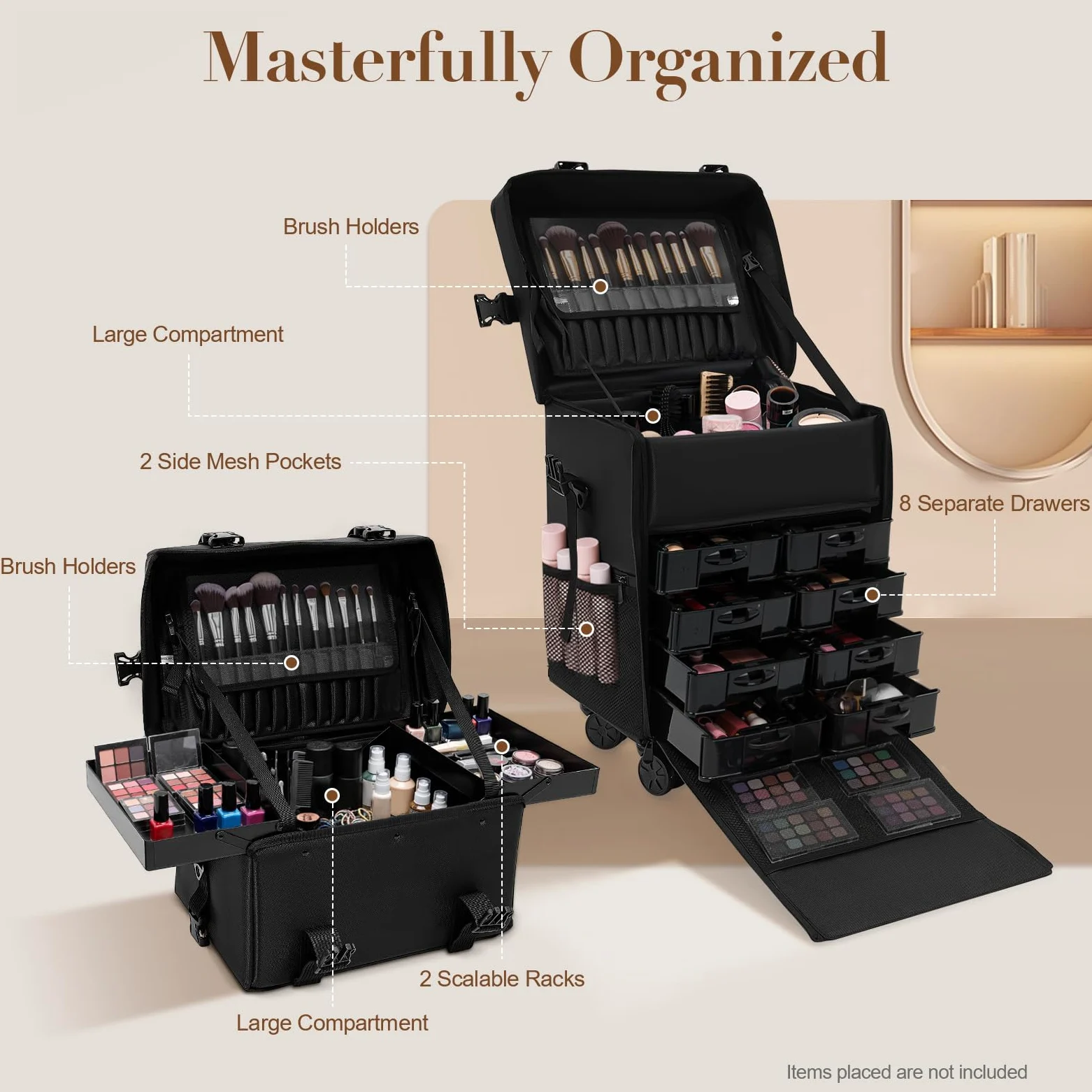 Valigetta cosmetica trolley 2 in 1 con 8 cassetti, grande trolley cosmetico con ruote, per trucchi, per viaggi, colore nero