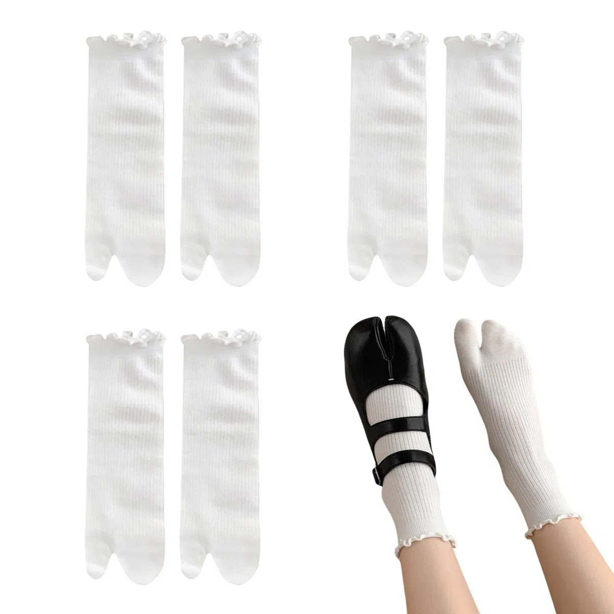 SamHeng Calzini infradito Tabi da donna, 3 paia, in cotone, giapponesi, con dita divise, elastici al polpaccio, con volant e volant, per cosplay di Shinobu. Calzini extra