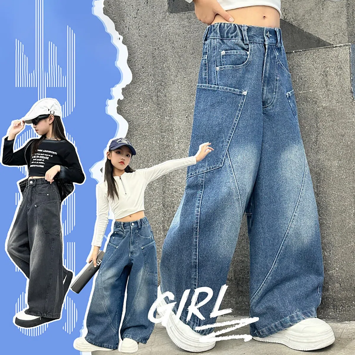 Bambini Ragazze Baggy Cargo Jeans Y2K Streetwear con Tasche Teen Girls Jeans a Gamba Larga Elastico in Vita Pantaloni Denim Vintage Flared Pantaloni della tuta Preppy Vestiti