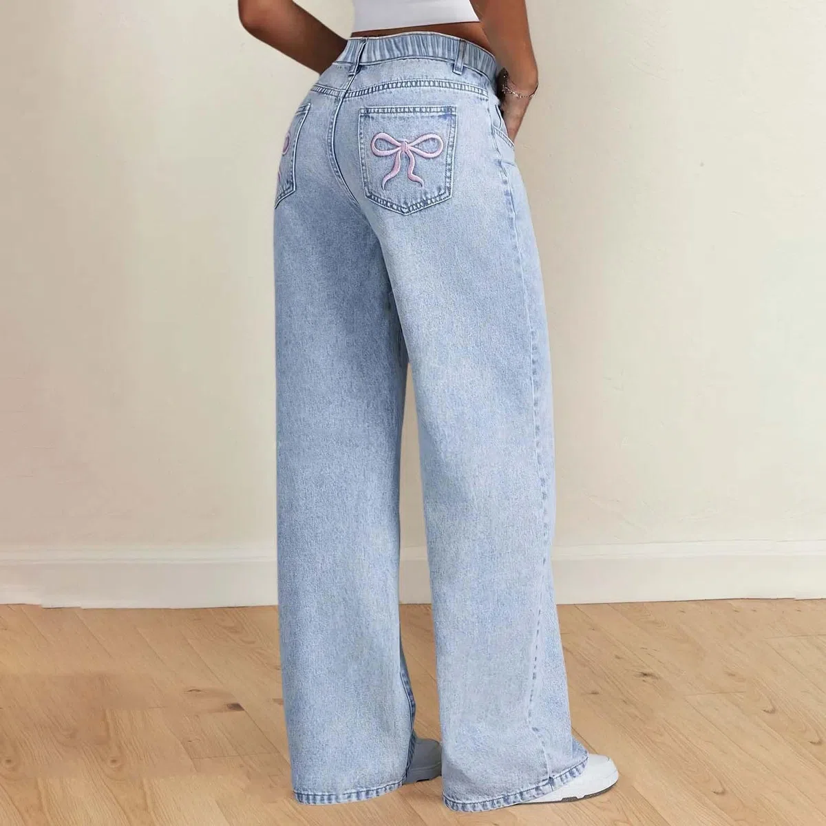 WWricotta Pantaloni, Jeans A Gamba Dritta A Vita Alta per Ragazze con Fiocco Ricamato, Casual Carini per L'uso Quotidiano, Comodi in Denim Larghi per Adolescenti, Confortevole E Stiloso