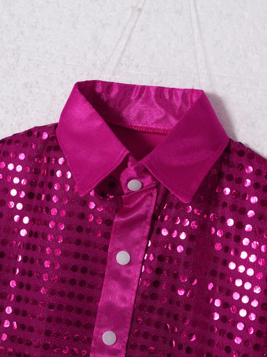 IEFIEL Bambini Camicie con Paillettes Lucenti a Maniche Lunghe da Ballo Jazz Latino Americano Ragazzi Costumi di Danza Moderna Performance Fantasia Dancewear 4-14 Anni