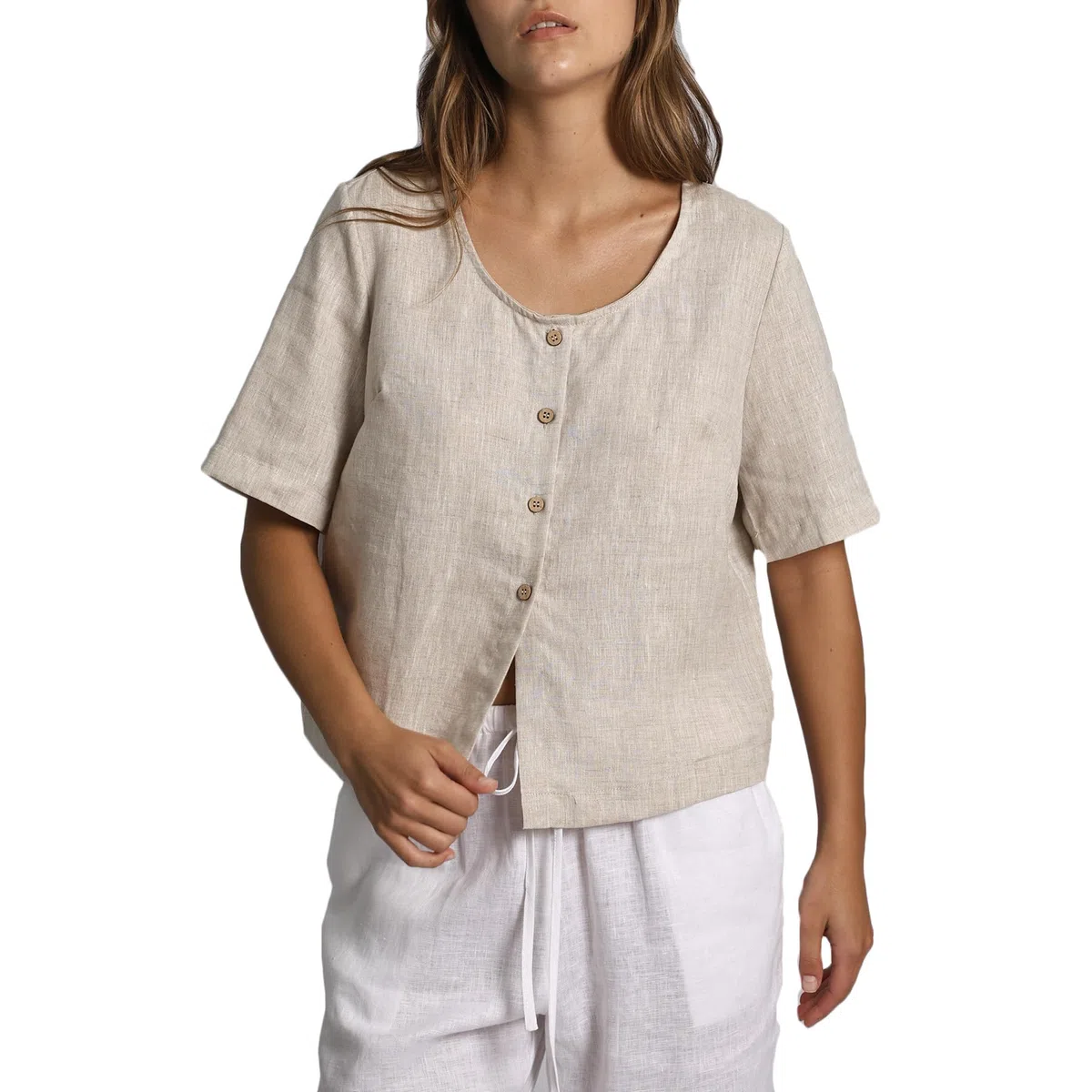 Amazhiyu Camicetta da donna in 100% lino, girocollo, manica corta, abbottonatura