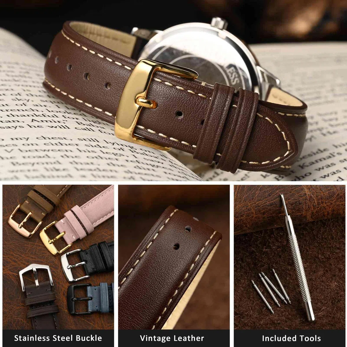 WOCCI Cinturino Orologio in Pelle Retrò con Fibbia Dorata, Cinturini di Ricambio 14mm 15mm 16mm 17mm 18mm 19mm 20mm 21mm 22mm 23mm 24mm