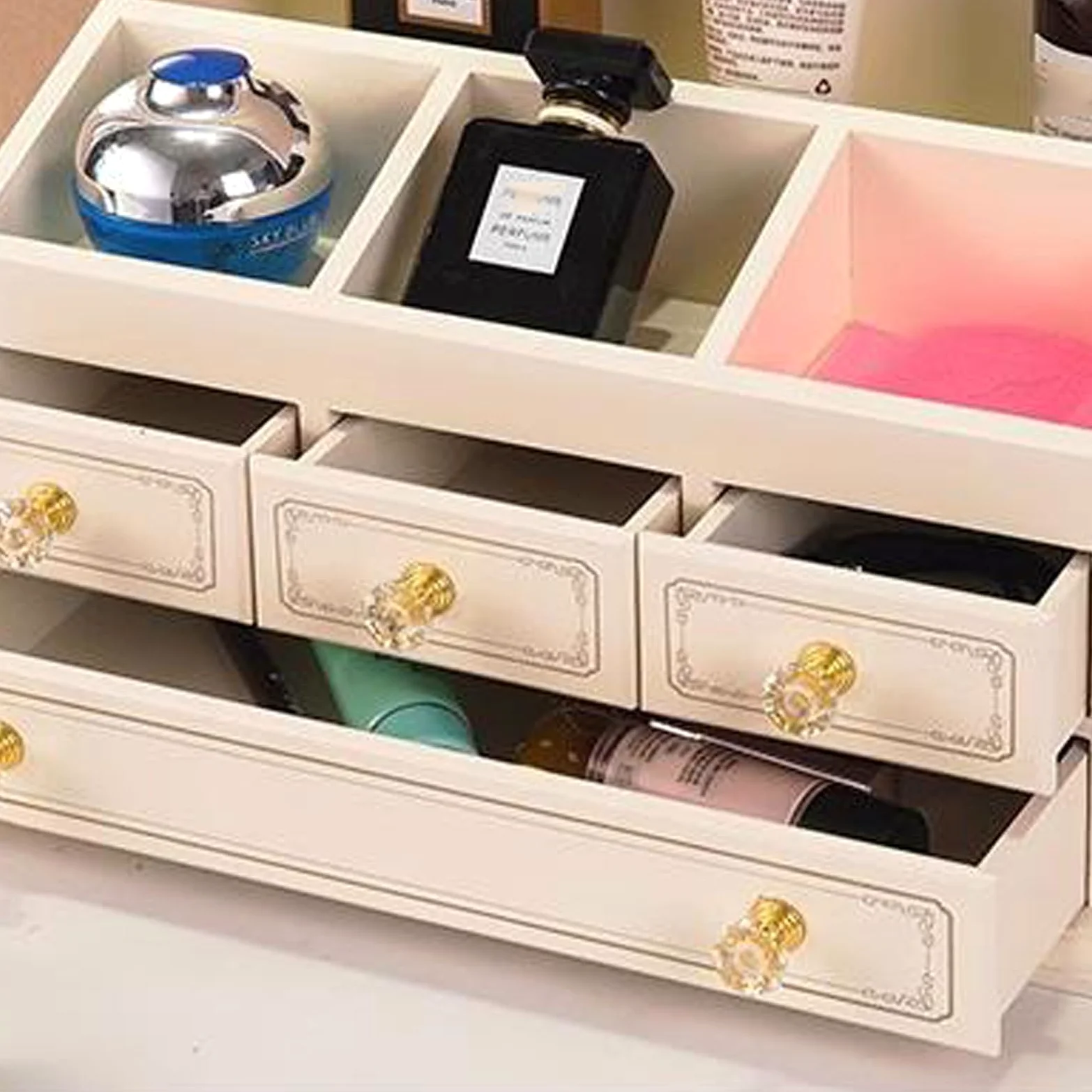 Beauty case in legno per trucchi, con 3 cassetti, organizer per cosmetici, porta pennelli da trucco per comò e bagno