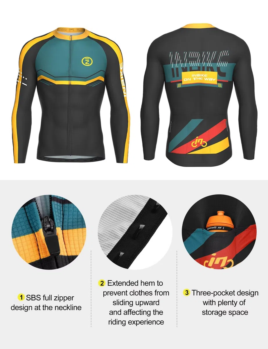 INBIKE Set di abbigliamento da ciclismo da uomo, maglia a maniche lunghe con 3 tasche posteriori, pantaloni da ciclismo imbottiti 3D traspiranti