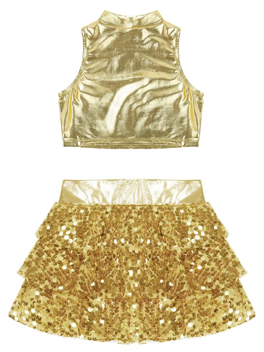Agoky Tuta Danza Lucido Costume da Danza Bambina Ragazza Completi 2 Pezzi Crop Top a Manica Lunga Pantaloncini Gonna Culottes Tuta da Ballo Jazz Competiizione Dancewear C Oro 9-10 anni
