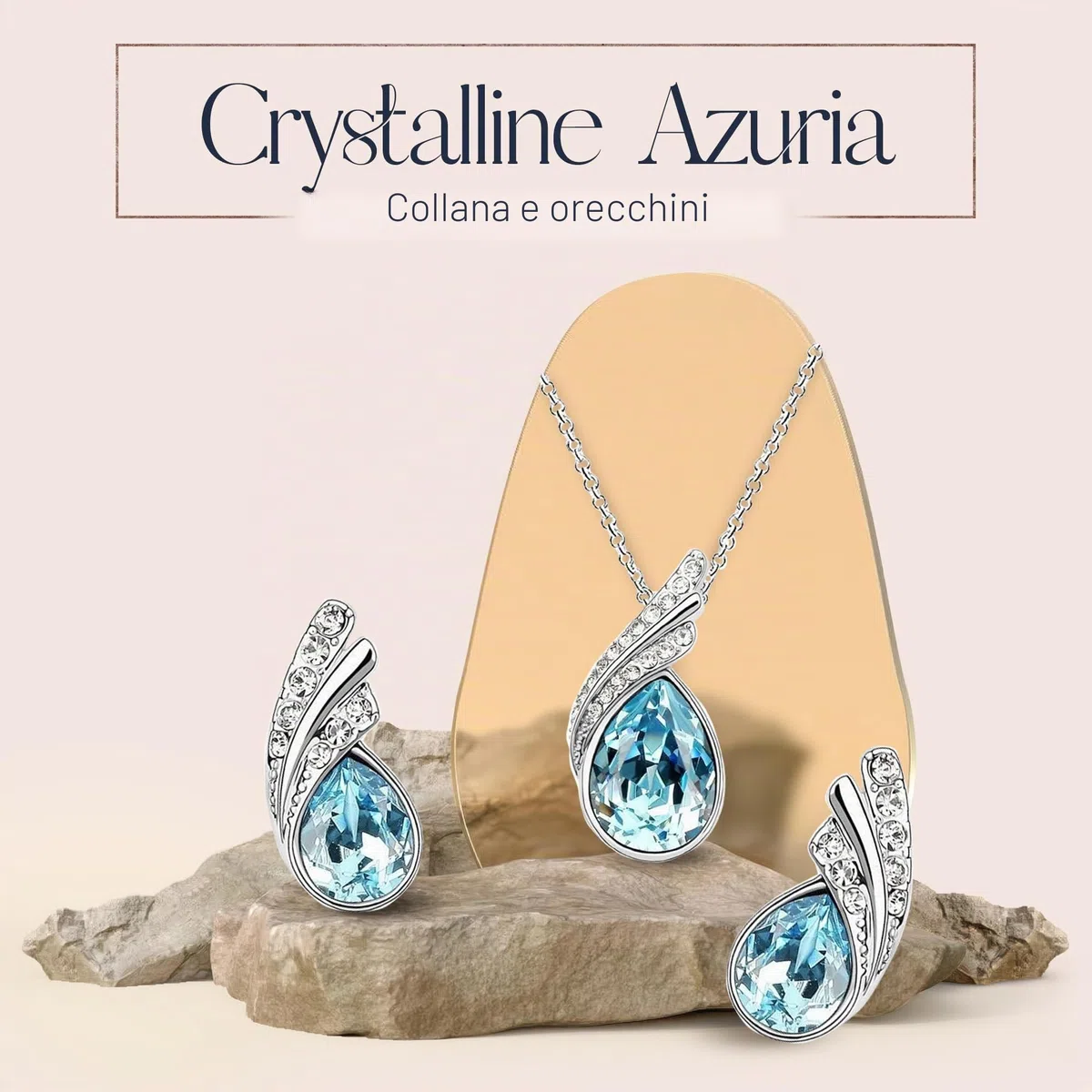 Crystalline Azuria Donna 18ct Placcato Oro Bianco Lacrima Cristalli Blu Acquamarina simulato Parure Collana con Ciondolo 45 cm Orecchini