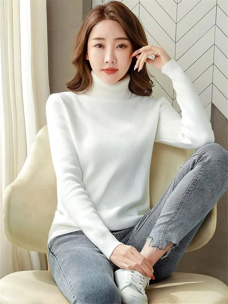DYJAGYO Maglione invernale in pile a maglia spessa, Maglione di lana da donna, Maglione girocollo caldo da donna, Maglione a collo alto in pile da donna (Medium,Oatmeal)