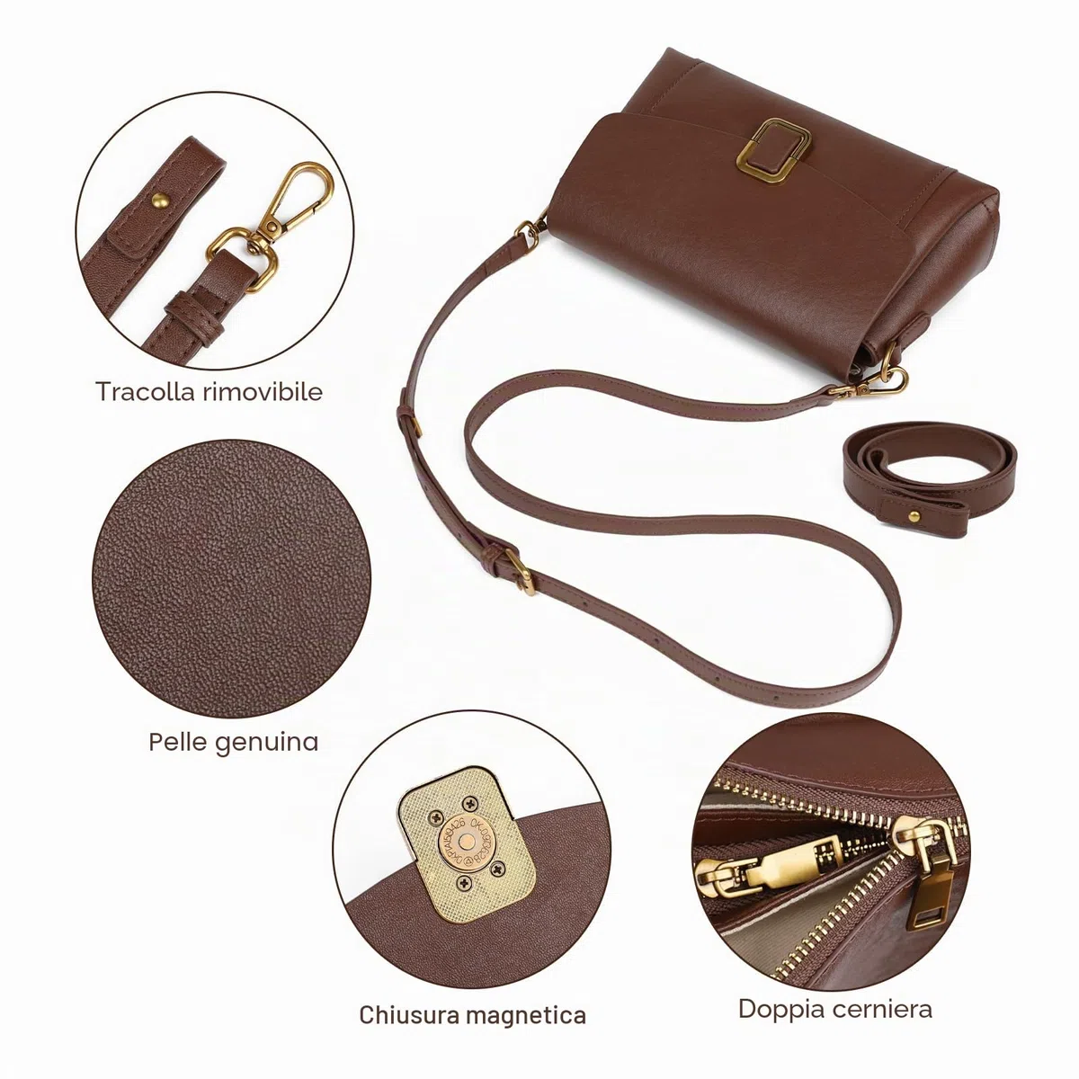 Borsa Tracolla Donna in Vera Pelle, Spallina Regolabile | Vera Pelle, 2 Tracolle Rimovibili, Stile Satchel, Compatta e Leggera, Per Viaggi, Uso Quotidiano, Lavoro e Regalo