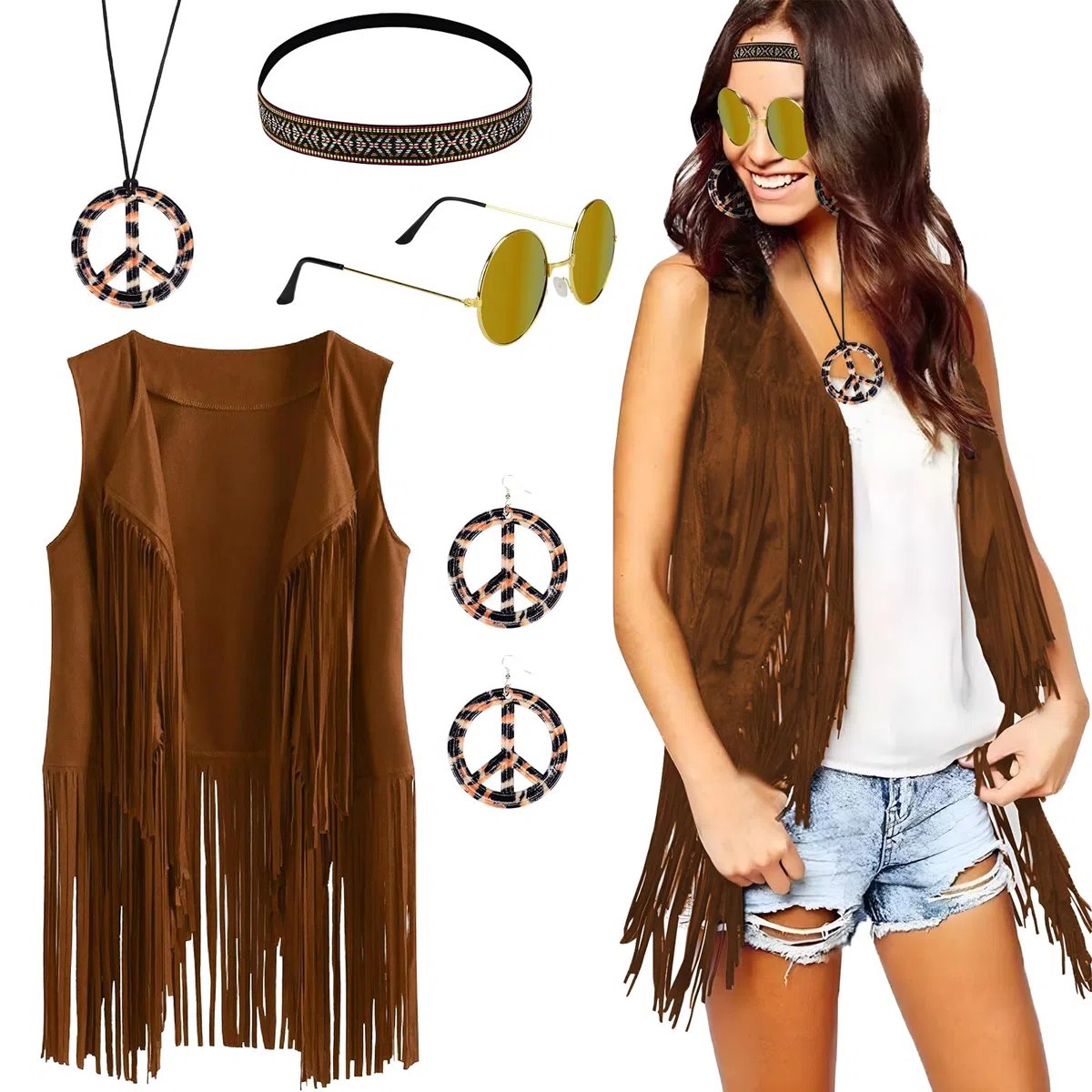Costume Hippie Donna Anni 60 Anni 70 Gilet Nappa Occhiali da Sole Collana Orecchini Cerchietto Accessori Hippie Discoteca Festa di Halloween Natale Carnevale