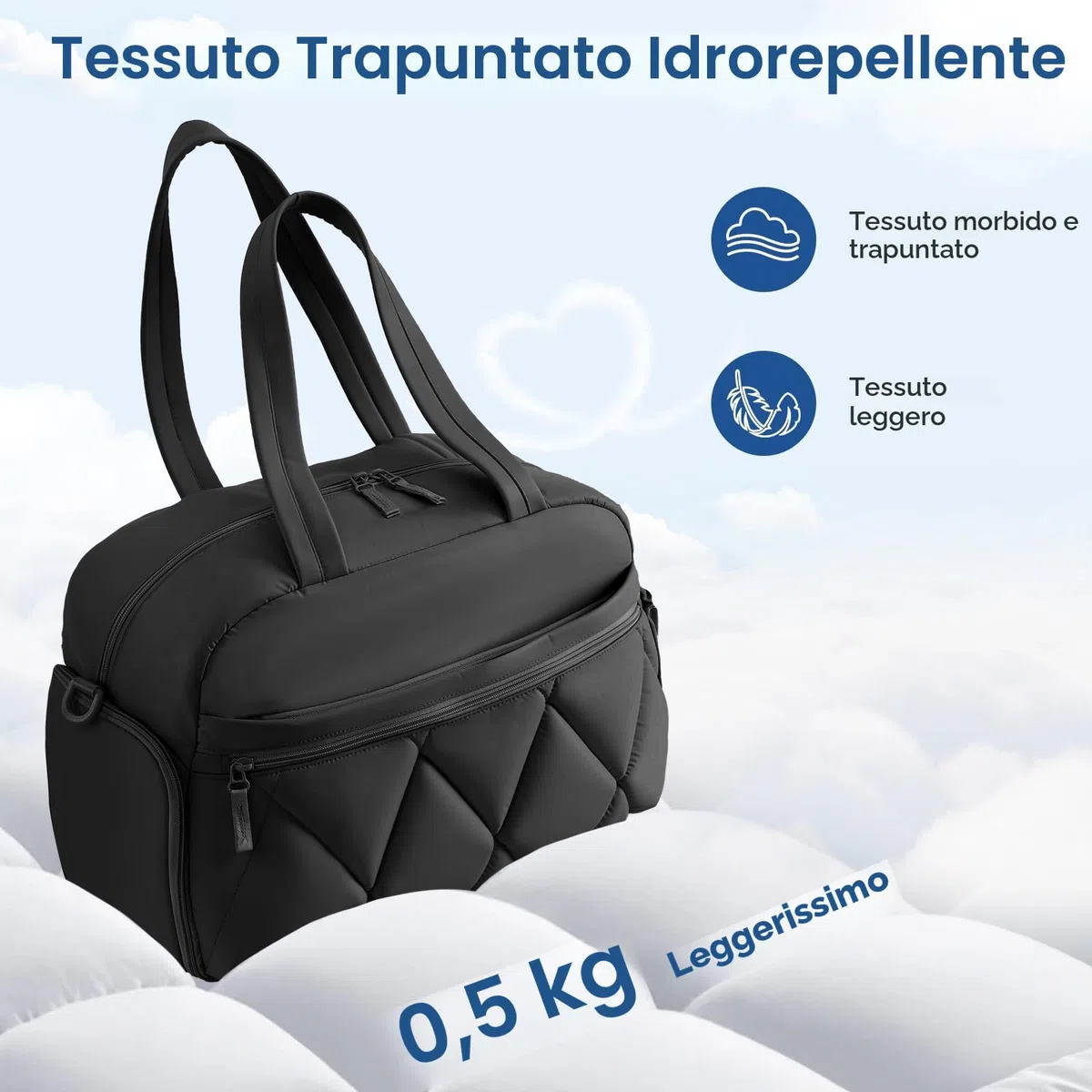 Borsone da Viaggio Puffer per Donna Uomo, Borsa Palestra con Scomparto Scarpe e Borsa Bagnata in PVC, Borsoni Bagaglio a Mano, Borse Tracolla Leggero per Ospedale Weekend Sportiva, Nero