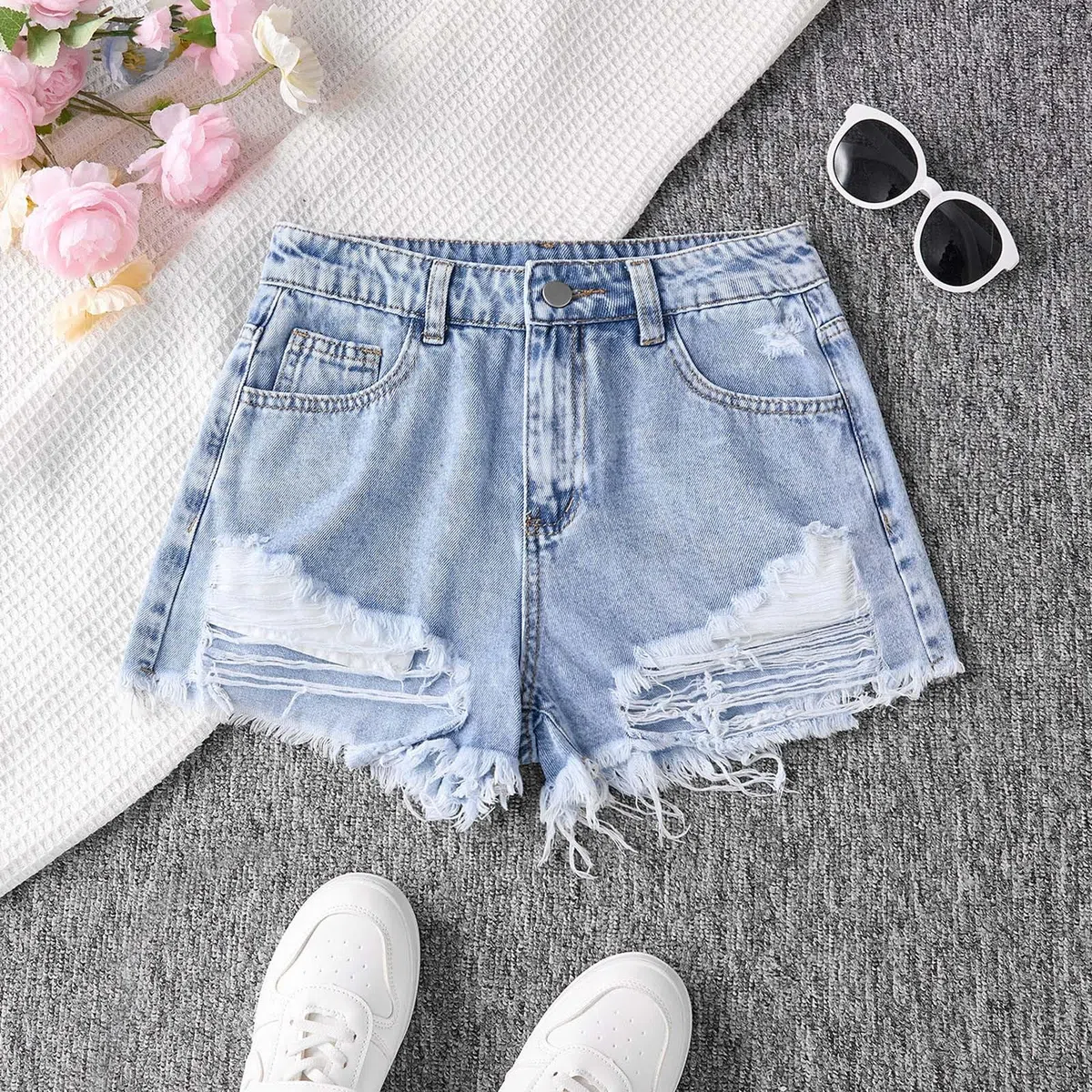Jeans Pantaloncini da Ragazza a Vita Alta con Corti Strappati Fiocco Shorts Denim per Ragazze, Moda Y2K Streetwear Corti a Gamba Larga Pantaloncini per Bambini 12-16 Anni con Quotidiano Casual