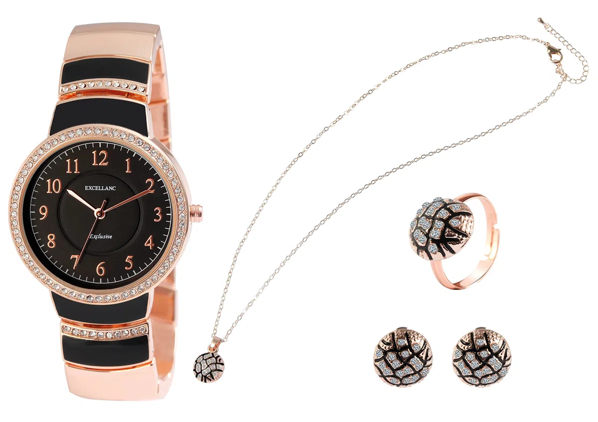 Excellanc Set regalo – Orologio da donna catena ciondolo anello orecchini 1800222, Metallo