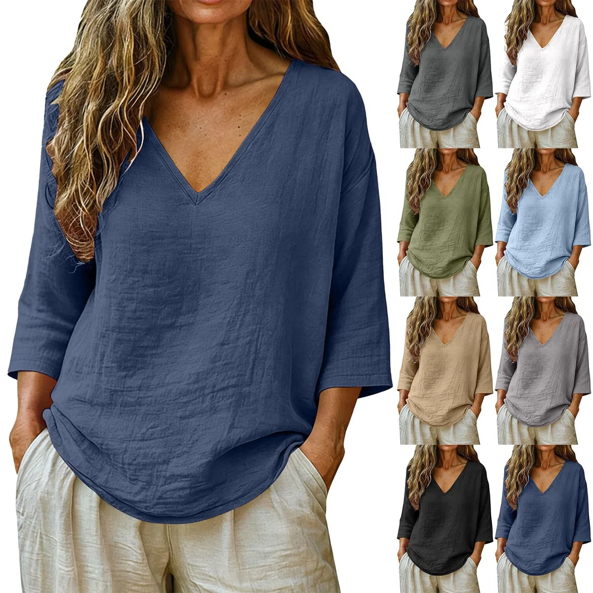 Magliette Donna Manica Corta 3/4 Lino Cotone Scollo a V Camicette Elegante Camicia Donna Estiva Curvy Blusa Leggera e Comode Casual Maglia Donne Maglietta Versatile Traspirante Abbigliamento Oversize