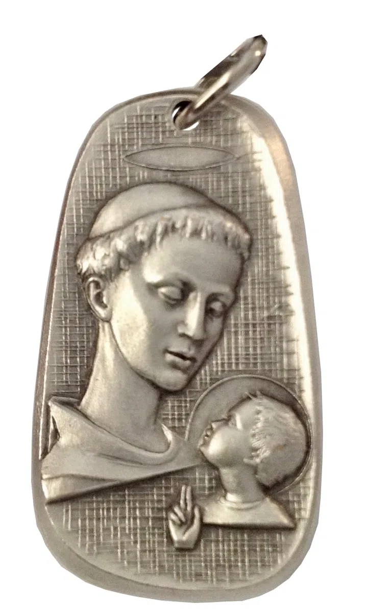 I G J MEDAGLIA DI SANT'ANTONIO DI PADOVA CON GESU' BAMBINO - REALIZZATA IN ALTO RILIEVO IN STILE ANTICO - 100% MADE IN ITALY
