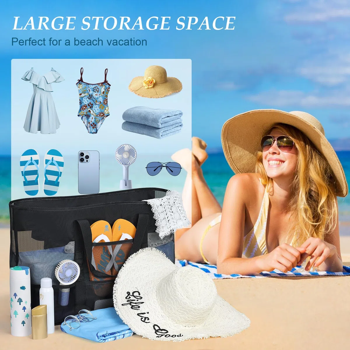 BBLIKE Borsa Mare Grande XXL Famiglia - Borse da Spiaggia Donna con Chiusura Zip e Impermeabile Leggera, Multitasche ad Ampia Capacità Borsello Tracolla Donna per Shopping, Viaggio, Campeggio