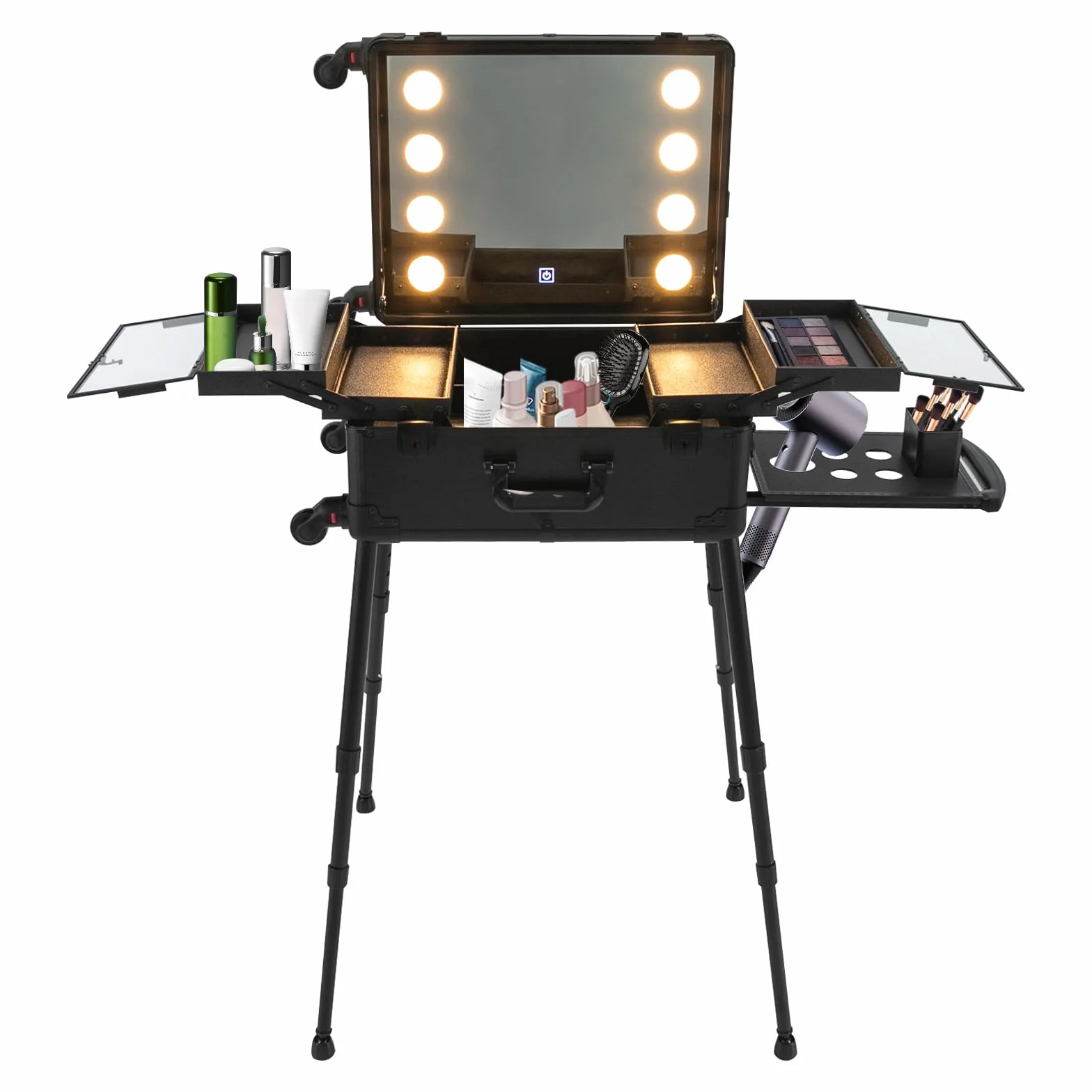 Valigetta cosmetica 21 in trolley con illuminazione a specchio Rolling Makeup con luci a specchio, valigetta professionale da parrucchiere, 8 lampadine a LED con serratura e chiavi, gambe regolabili,