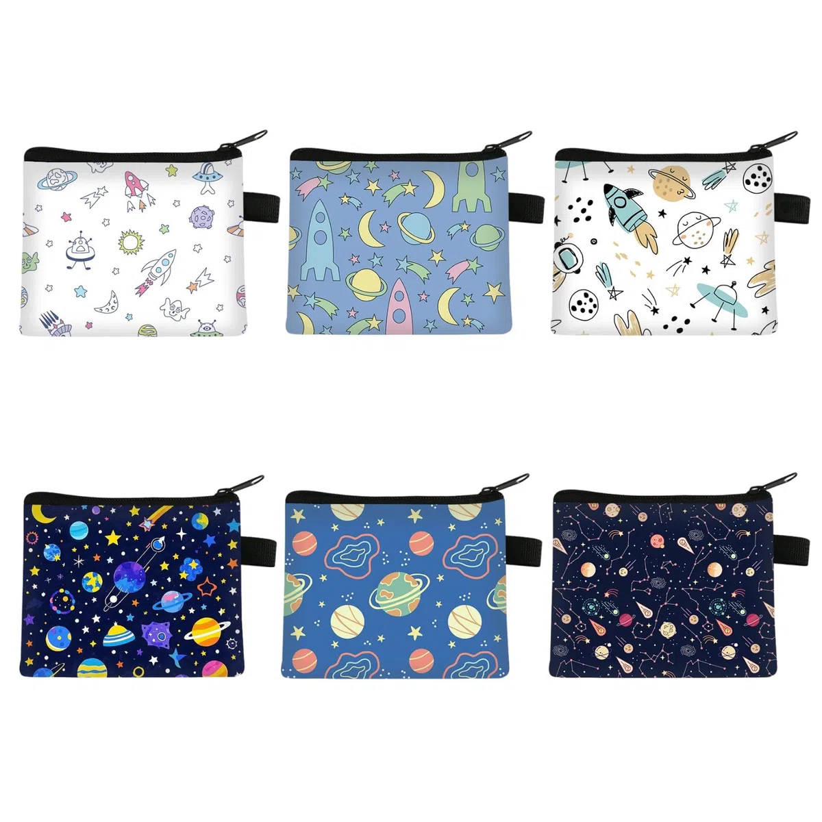 6 Pezzi Portamonete Bambini Spaziale con Cerniera, Mini Borsello Piccolo Portafoglio Multifunzione Portatile Coin Purse con Stampa Stelle e Pianeti per Monete, Chiavi, Auricolari