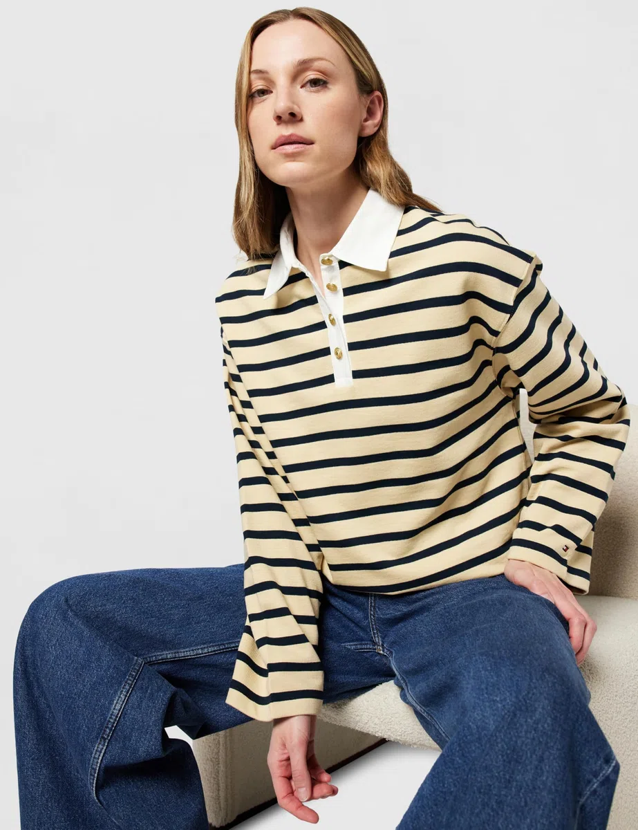 Tommy Hilfiger Donna Pullover Gold Button Rugby Terry con Colletto a Punta
