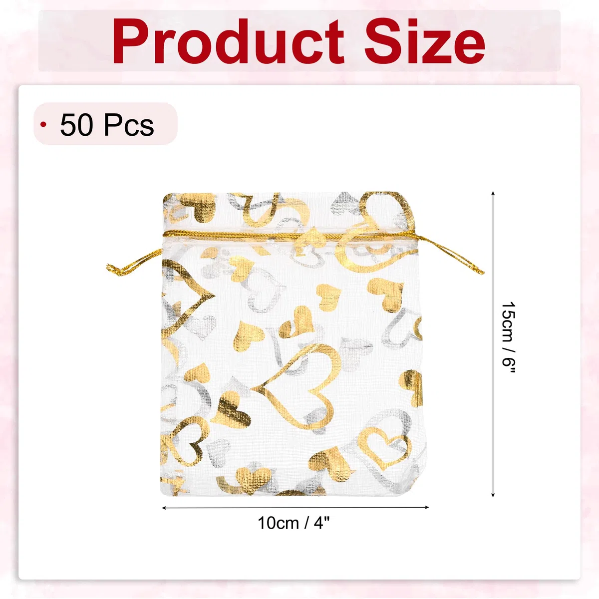 QUARKZMAN Sacchetti Organza, 10 x 15cm, Buste Regalo con Coulisse Cuore in Rete Trasparente, Sacchettini Bomboniere Ingrosso, Sacchetti per Gioielli,(Bianco-Oro, 50Pz)