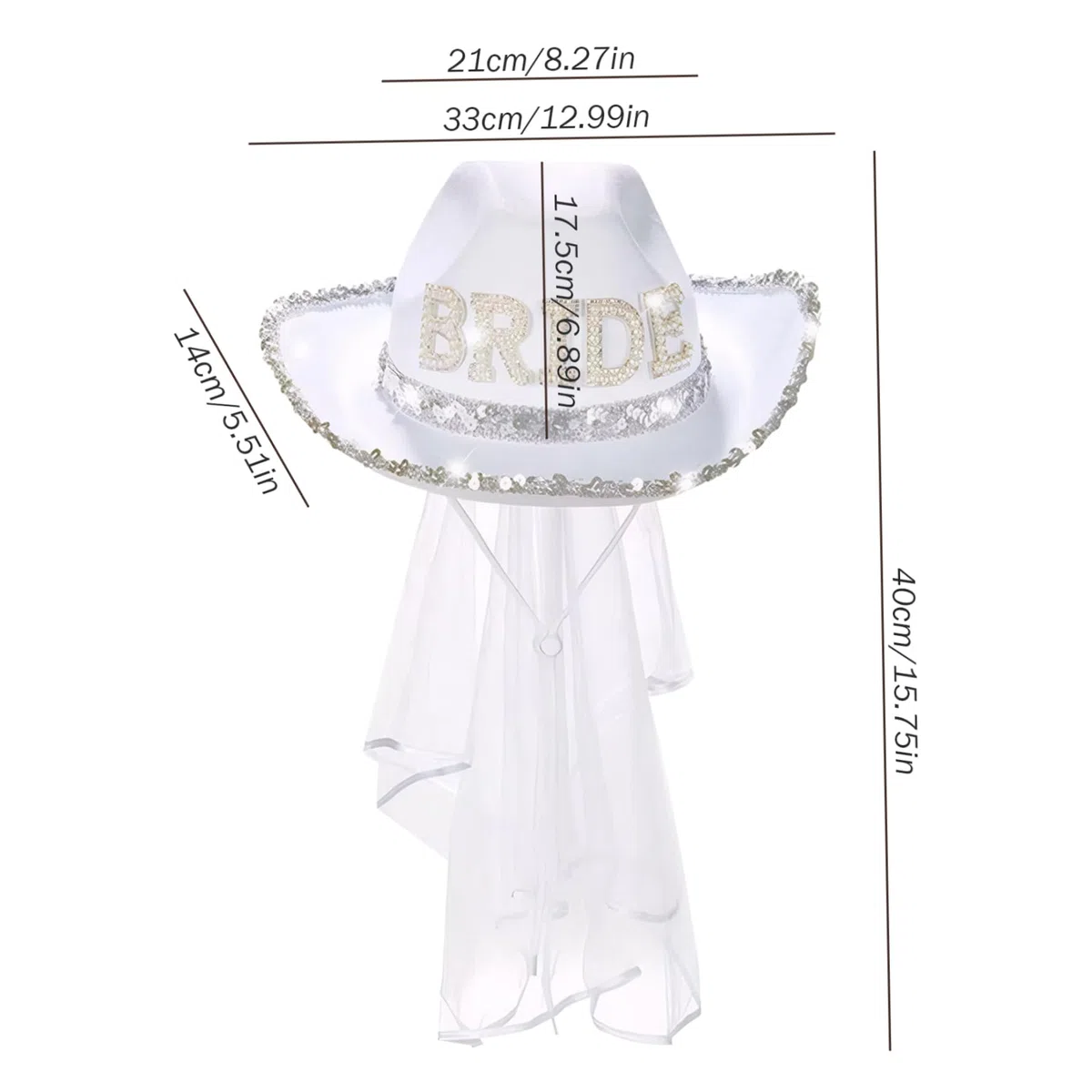 Cappello da cowgirl da sposa con velo Cappello da sposa glitterato da cowgirl bianco con sottogola regolabile Cowboy per addio al nubilato, decorazione