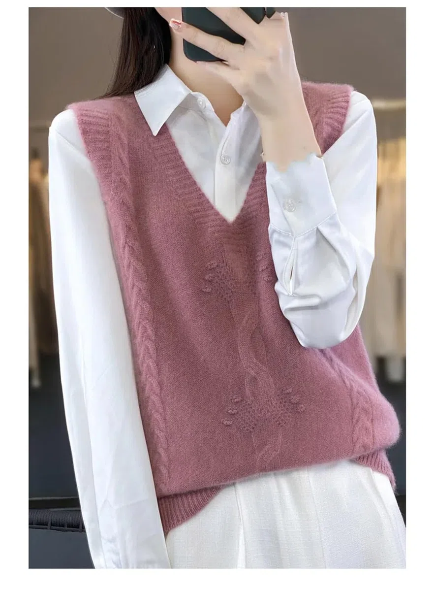 Gilet da donna senza maniche in lana casual con scollo a V stampato gilet lavorato