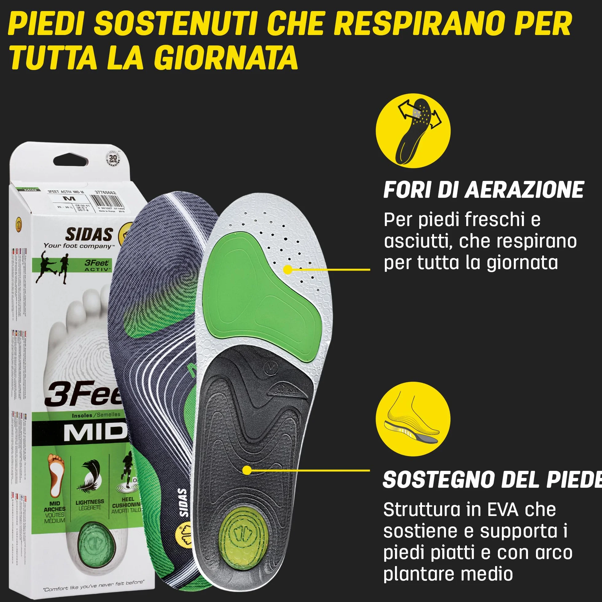 Sidas Solette 3Feet Activ' Mid, Corsa e Multisport, per Arco Plantare Medio, Assorbimento degli Urti, per Scarpe da Uomo e Donna