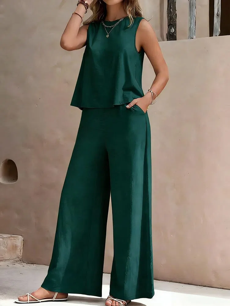Tuta Donna Estiva Completa 2 Pezzi Top Senza Maniche con Girocollo + Pantaloni a Vita Alta Gamba Larghi Dritti Completo Casuale Leggero