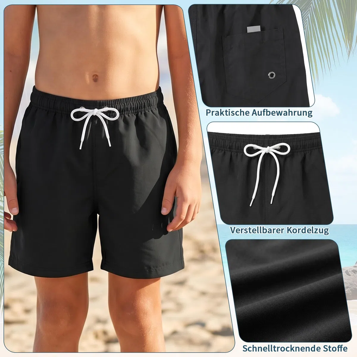 Pantaloni da nuoto e da spiaggia con fodera in rete, ad asciugatura rapida, colore nero blu, per bambini dai 6 ai 13 anni