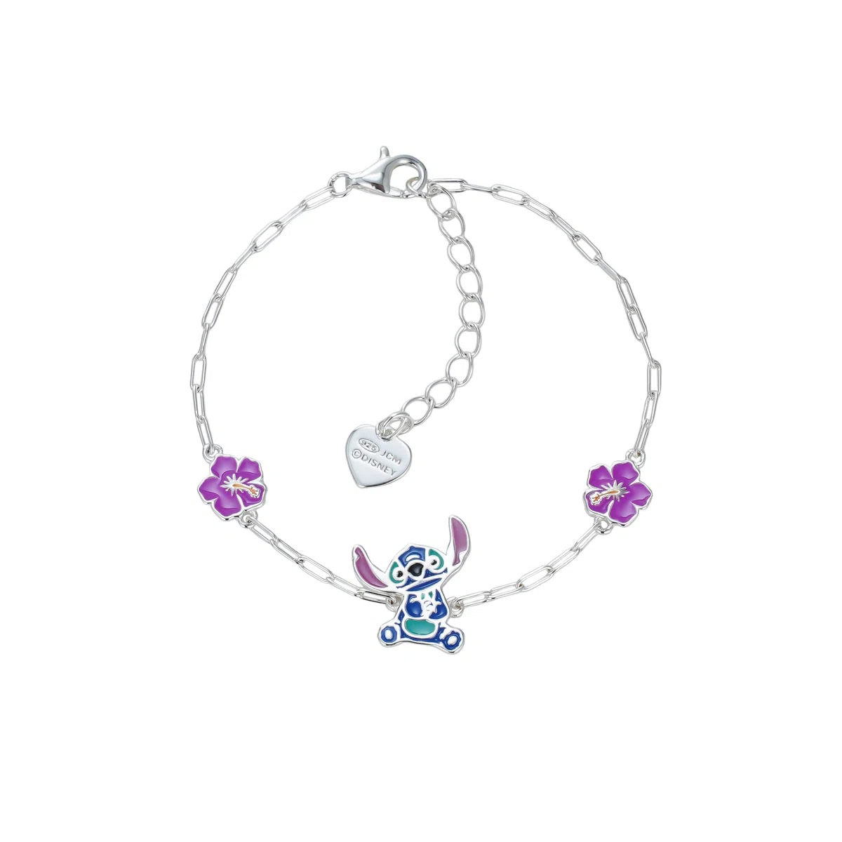 Disney Bracciale Stitch e Fiori Ibisco in Argento 925, con Smalto Colorato, Dimensione Regolabile 13-17 cm, Adatto per Donne e Bambine, Pronto da Regalare, Gioielli Ufficiali