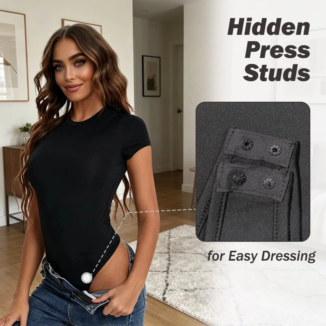 Body Donna Maniche Corte Girocollo – Maglia Elastica Comoda con Chiusura a Scatto - Outfit Estivi Elegante versatile per Tutti I Giorni