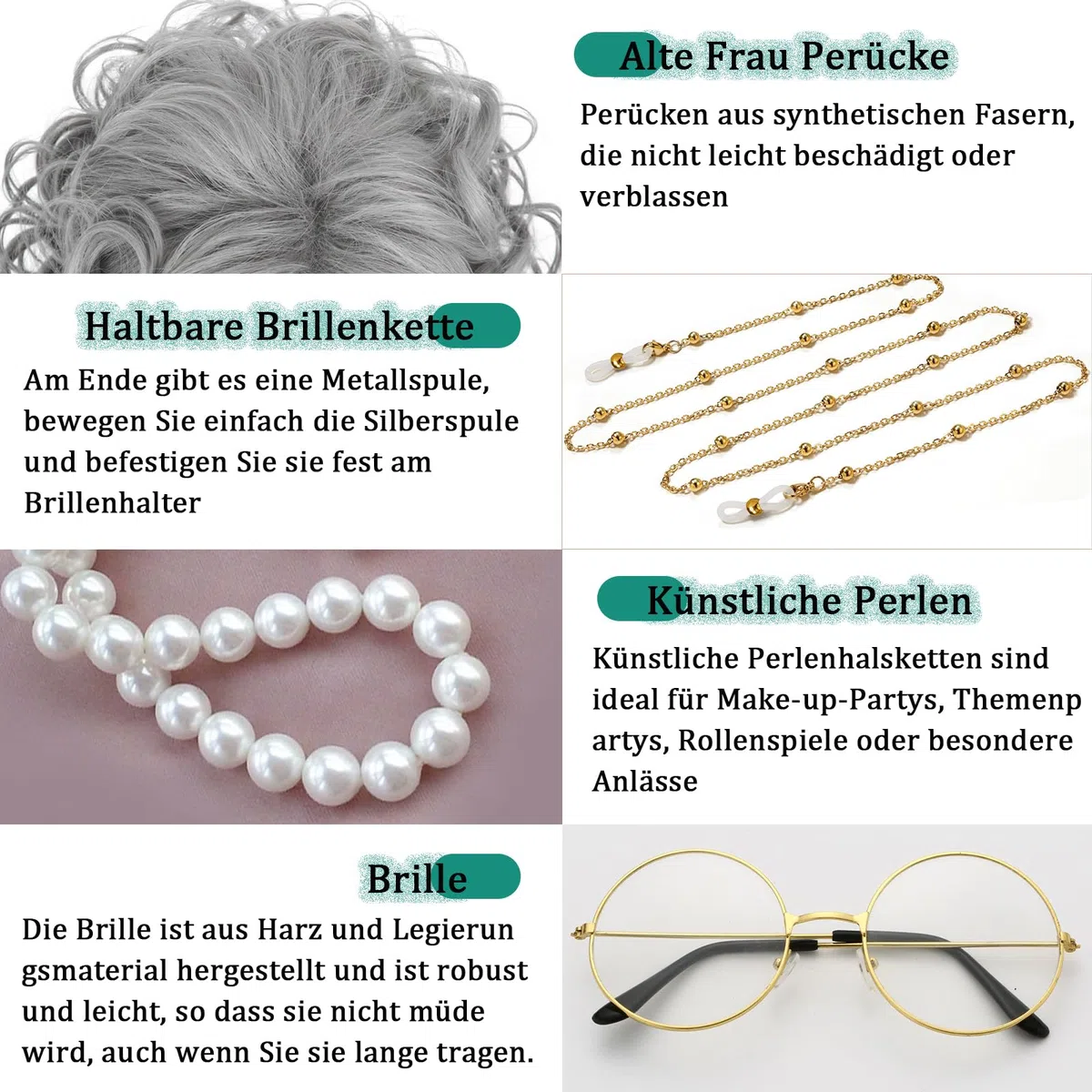 Set di 8 parrucche vecchie da donna, accessori per cosplay, collana di perle sintetiche e collane per occhiali, per Halloween, festa del libro del mondo, in maschera, carnevale