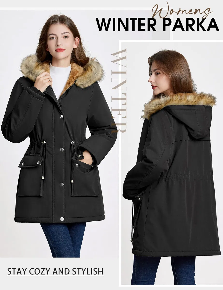Xnova Cappotto Donna Invernale, Parka Impermeabile con Cappuccio Antivento, Media Lugghezza Giacca Foderato in Pile Pelliccia Sintetica Caldo ed Elegante Cappotti per Outdoor Autunno Inverno