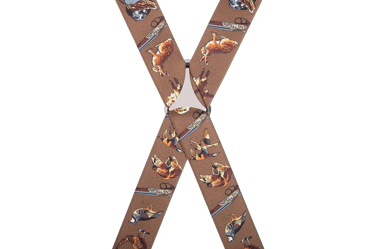 Bretelle per pantaloni da campagna, larghezza 35 mm, elastiche, 4 clip oro o argento, design e dimensioni assortite, per pesca, cervi, caccia, fagiani a tema