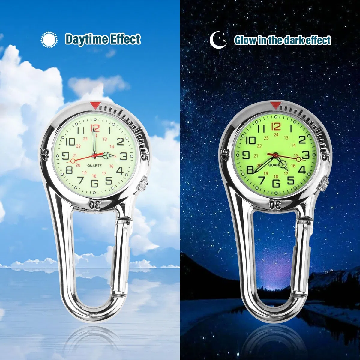 Clip-on Watch Orologio Sportivo con Moschettone, Orologio Infermiere Bagliore Al Buio Orologio Al Quarzo Multifunzione Orologio da Tasca per Dottore Infermiera Arrampicata