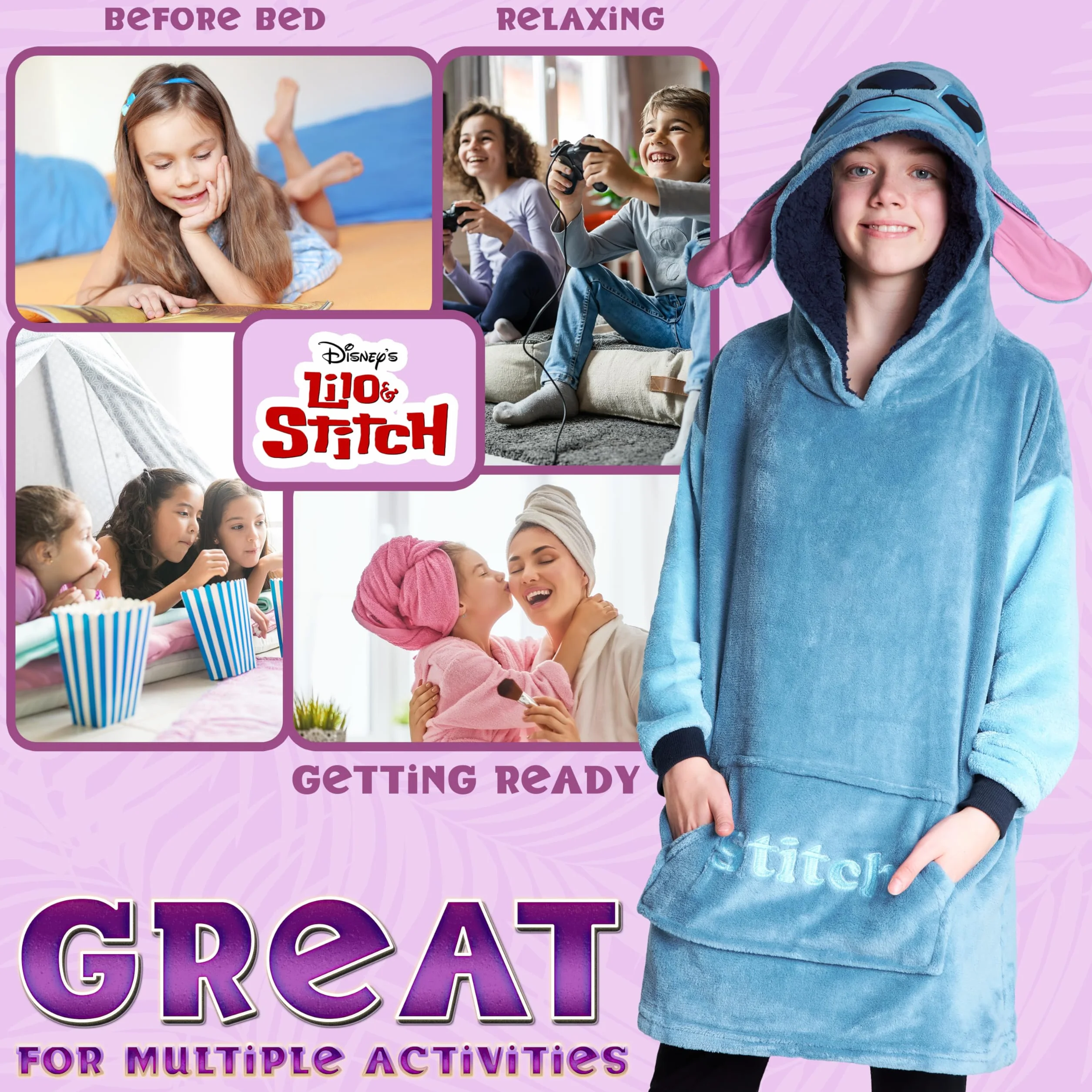 Disney Felpa Coperta per Bambini - Felpa Oversize in Pile con Cappuccio Stitch Bambina Ragazze Gadget Regalo Ufficiale