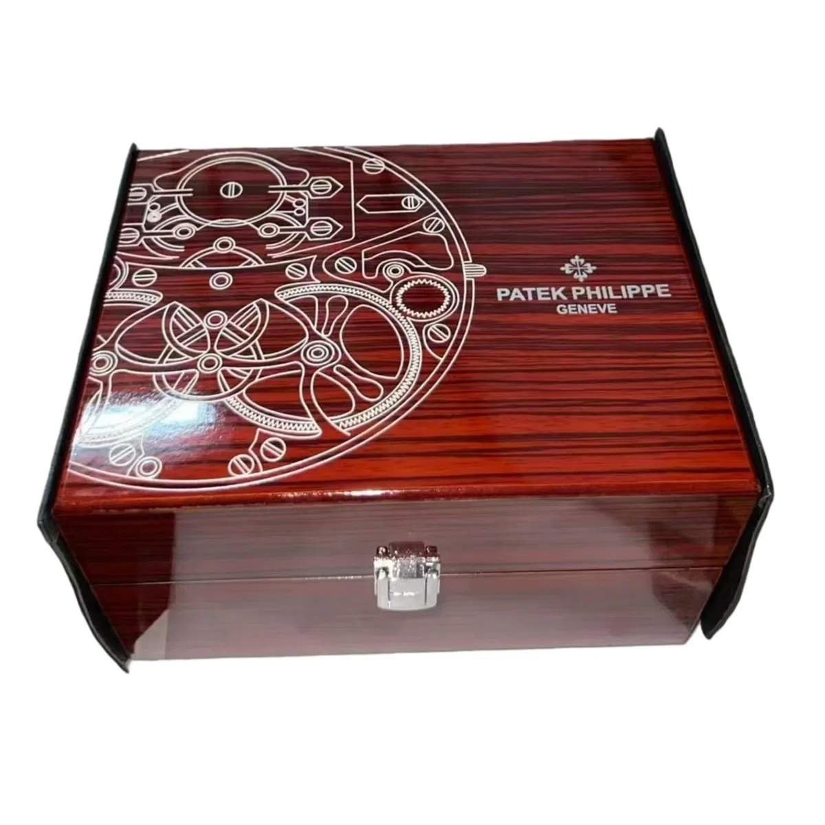Scatola Orologi Venatura Legno Scuro Motivo Arte Meccanica Laccato Lucido Slot Singolo Custodia per Patek Philippe
