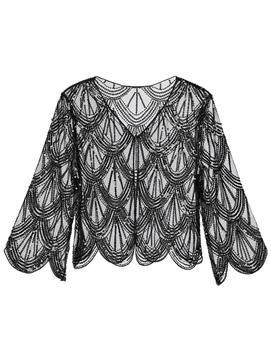 Freebily Coprispalle Donna Cardigan in Pizzo Elegante Giacca con Paillettes Bolero da Cerimonia Matrimonio Top Leggero Orlo Irregolare Abito da Sera Club Cocktail