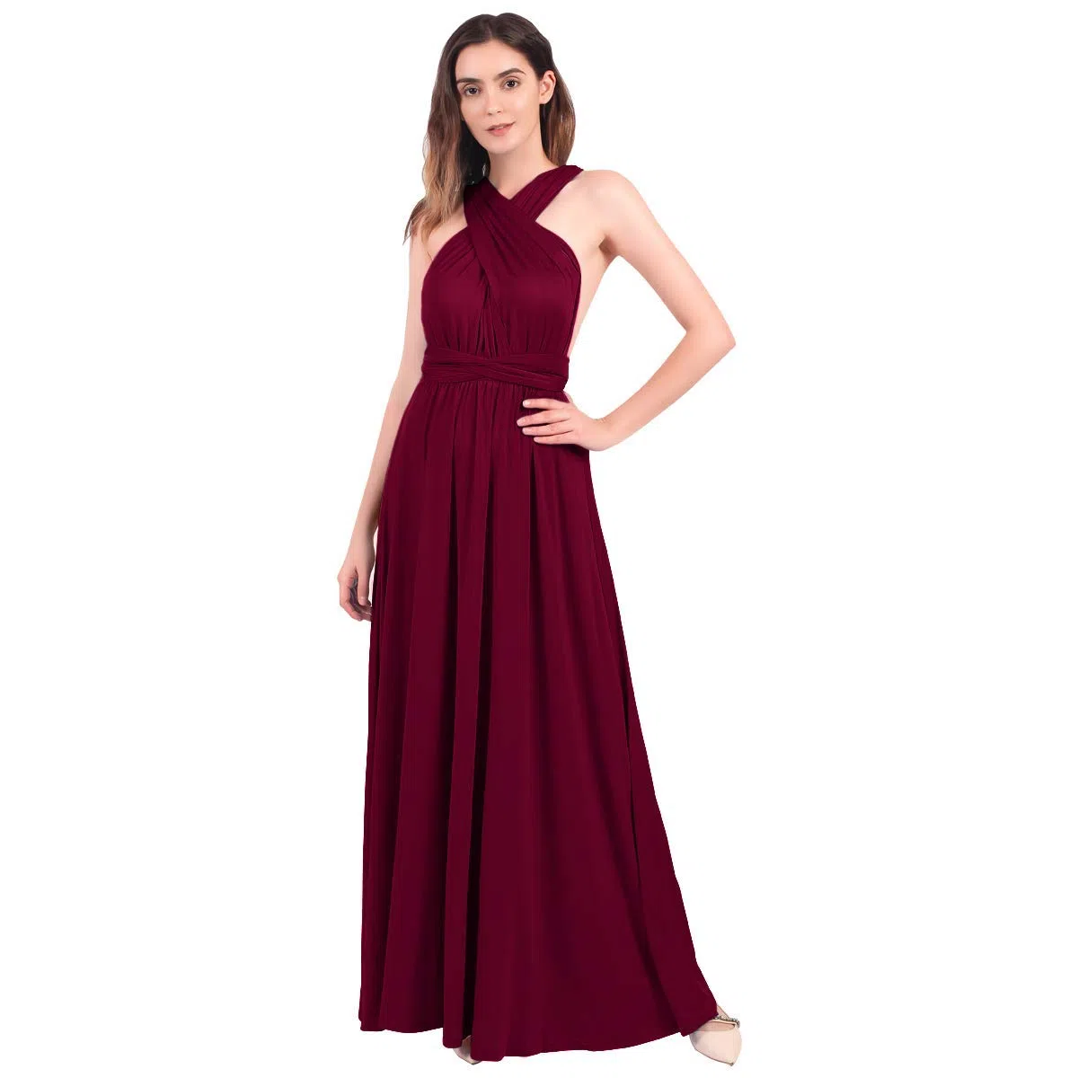 Abito da donna elegante da damigella d'onore convertibile Transformer Infinity Multi Way Wrap tinta unita abito da cocktail con spalle scoperte scollo a V fasciatura lungo maxi abito