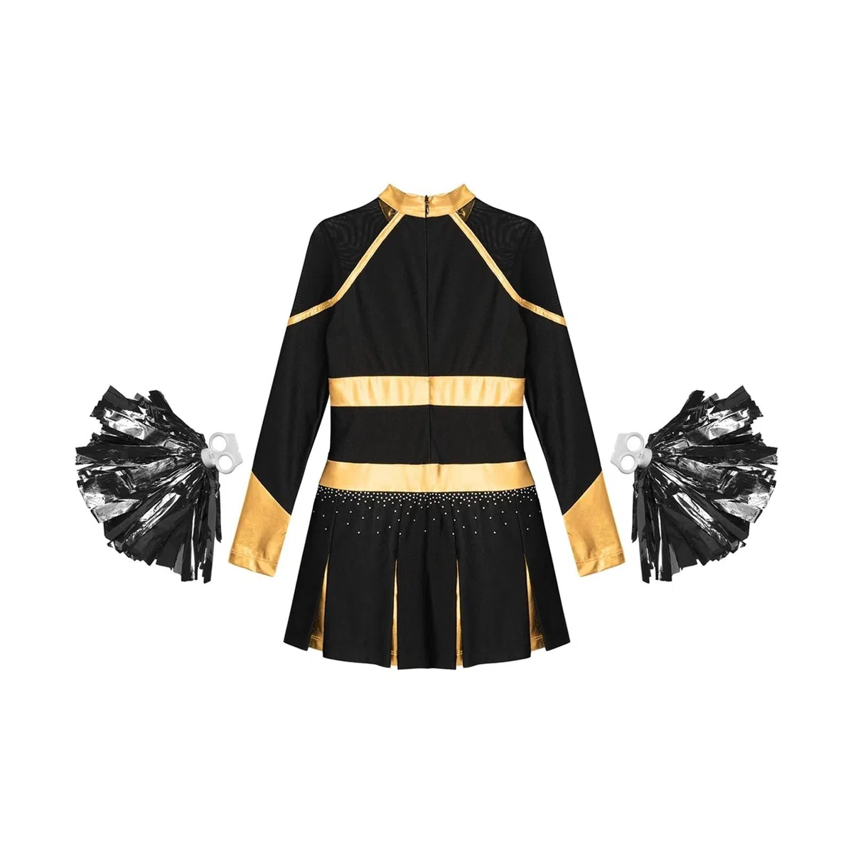 Costume Cheerleader Donna Costume da Ballo Uniforme da Cheerleader Abito Pieghettato a Maniche Lunghe Metallizzato con Strass con 2 Fiori a Mano(Blue A,16)