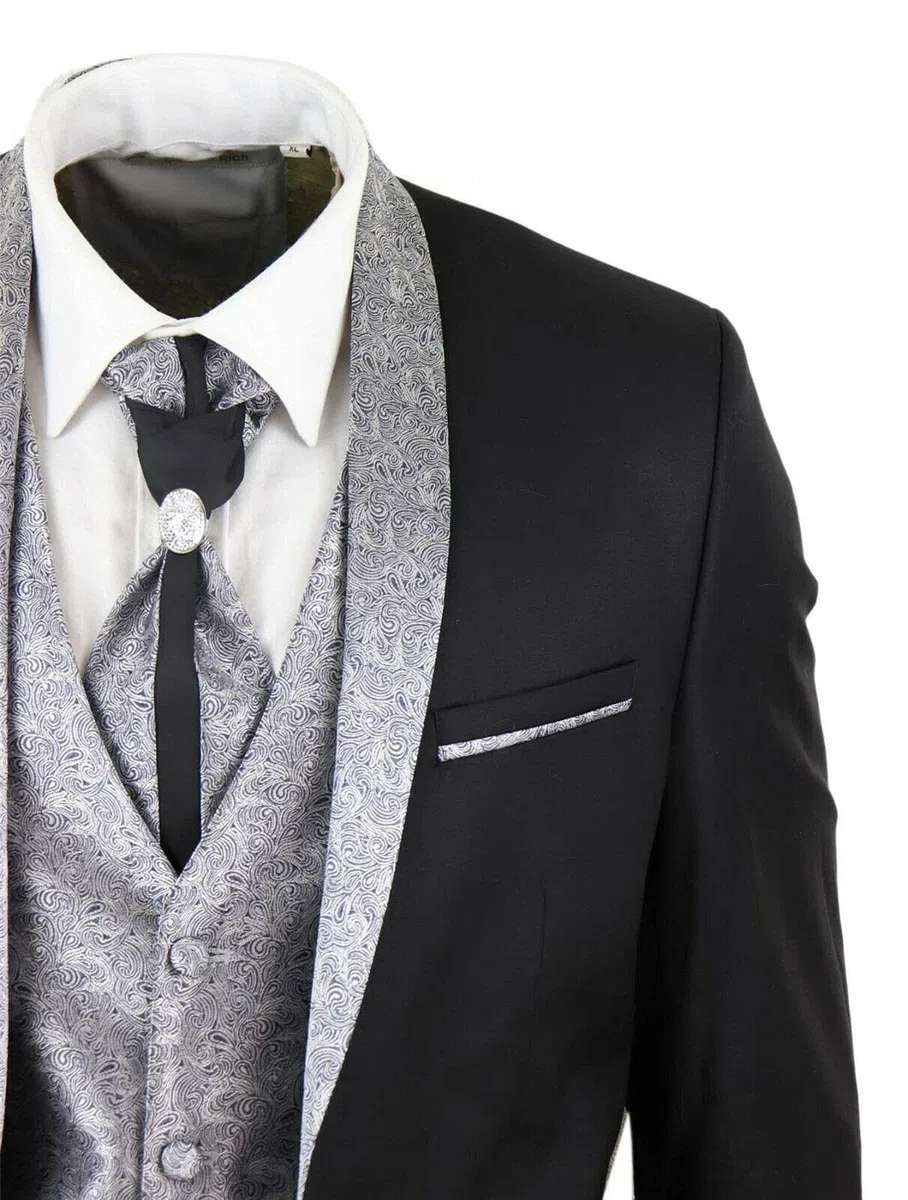 Tru Clothing Abito Completo Nero da Sposo con Chiusura a 2 Bottoni in 4 Pezzi con Colletto a Scialle e Cravatta, vestibilità su Misura, Stile Classico