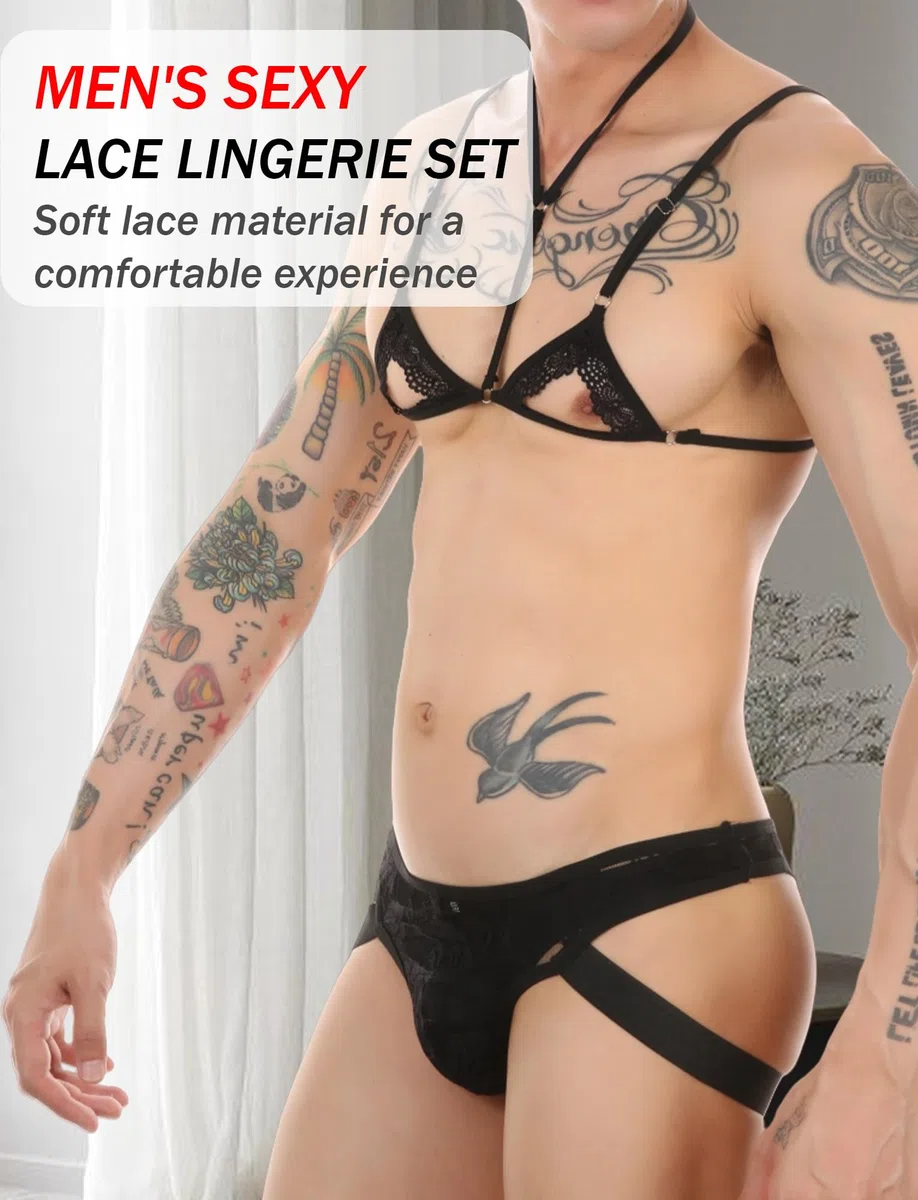 AIEOE Crossdresser, set di lingerie sexy in pizzo, reggiseno e perizoma, taglie S-XL