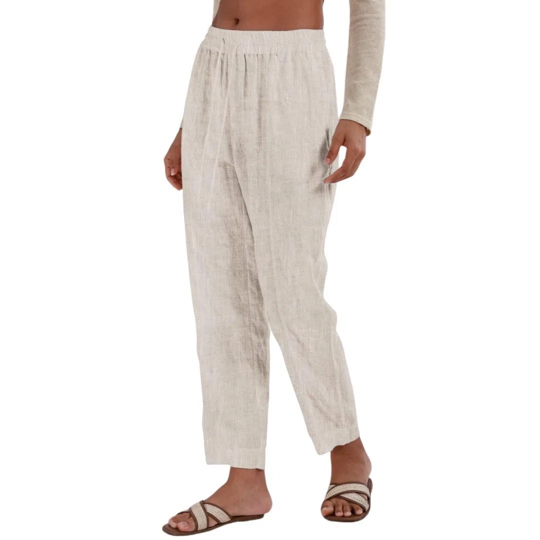 Amazhiyu Pantaloni da donna in puro lino estivo con elastico in vita con coulisse