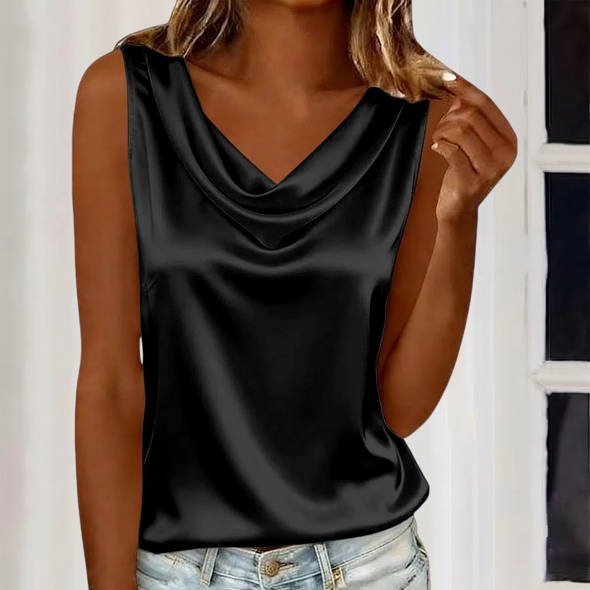 Blusa Donna Estiva Smanicata in Raso-Camicie Scollo A V Bianca Sottogiacca Elegante Seta Maglia Classica Tunica Basic T-Shirt Oversize Leggera Inter Camicia Lucida Tunica