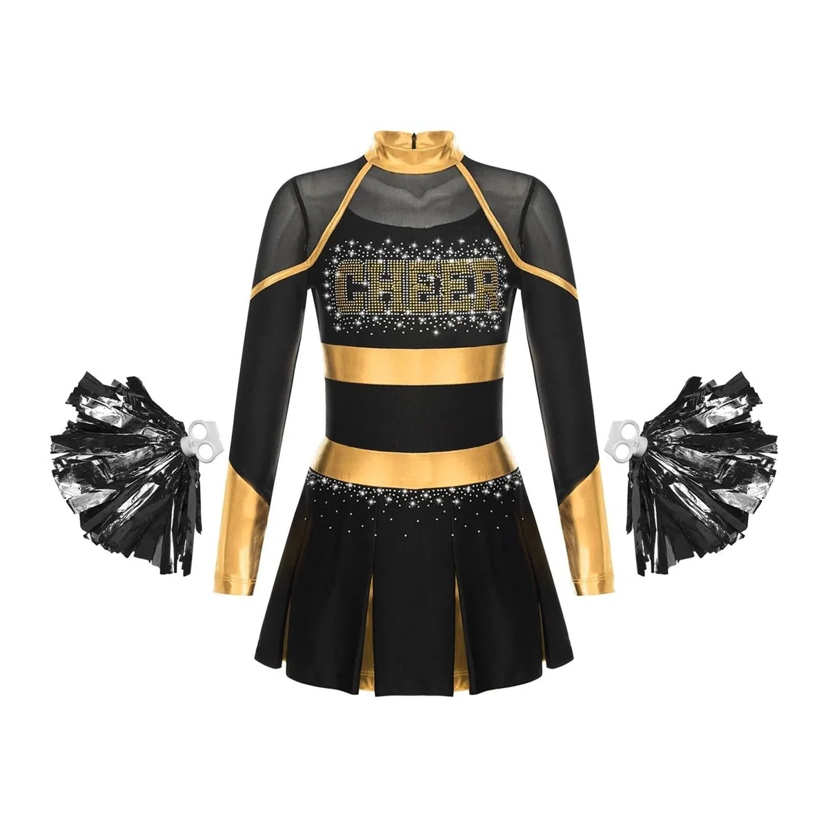 Costume Cheerleader Donna Costume da Ballo Uniforme da Cheerleader Abito Pieghettato a Maniche Lunghe Metallizzato con Strass con 2 Fiori a Mano(Blue A,16)