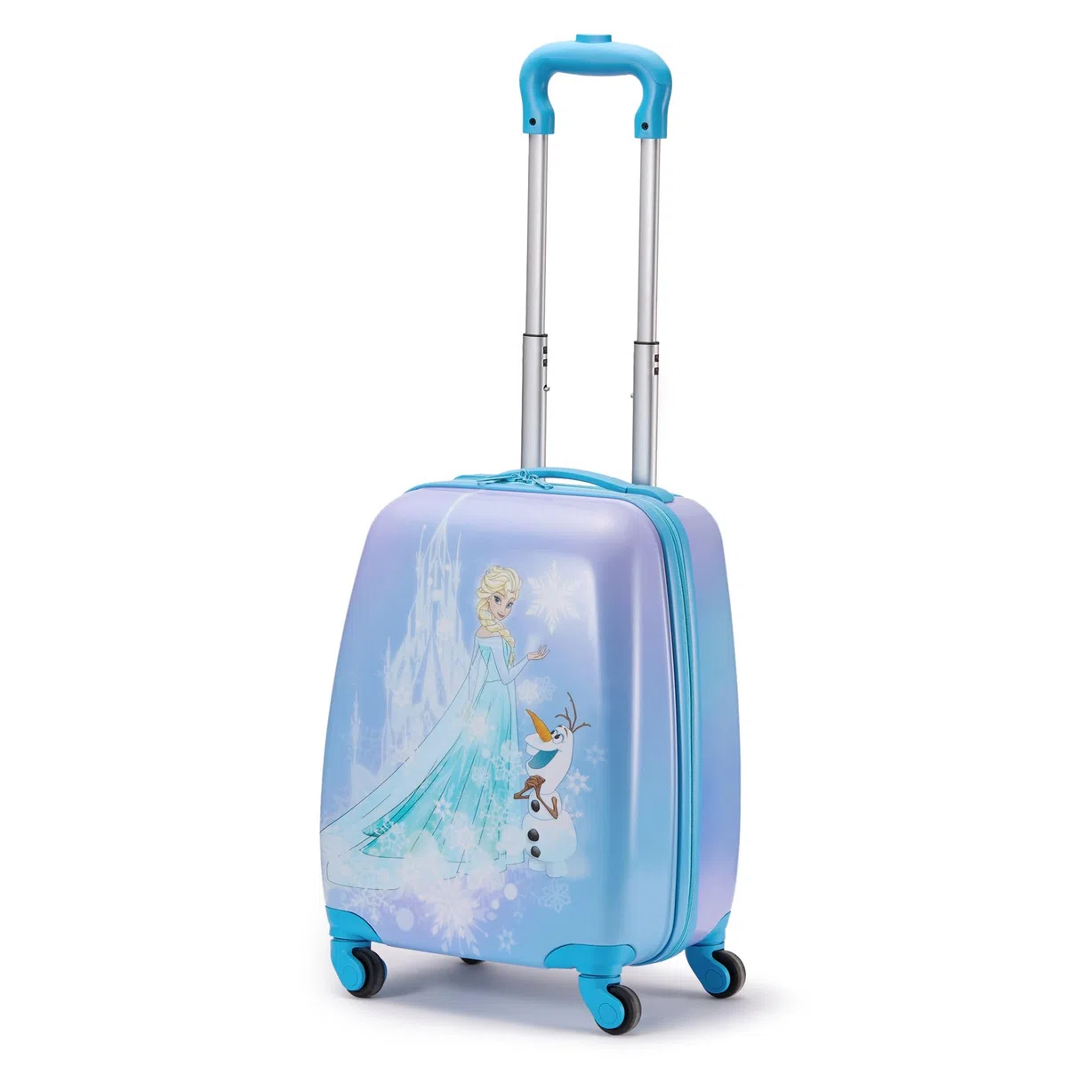 Disney Store Official trolley Frozen, 30 x 23 x 48 cm, valigia rigida blu per bambini, con manico telescopico, ruote multidirezionali, con Elsa, Olaf e motivo a fiocchi di neve