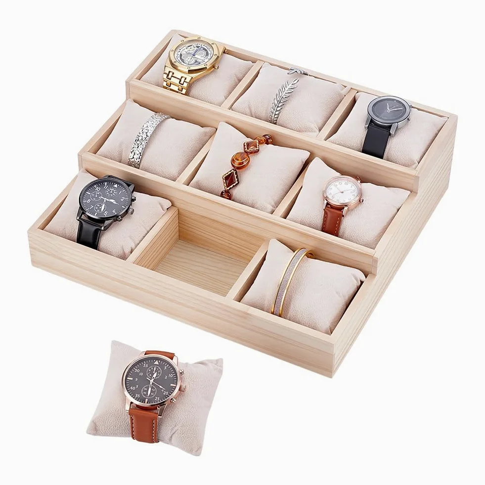 NBEADS Vassoio Portaoggetti per Orologi e Braccialetti A 3 livello e 9 griglie, Vassoio Porta Orologi con Cuscini Rimovibili Espositore Espositore per Orologi Da Cassetto Beige, 24x26.5x7.9cm