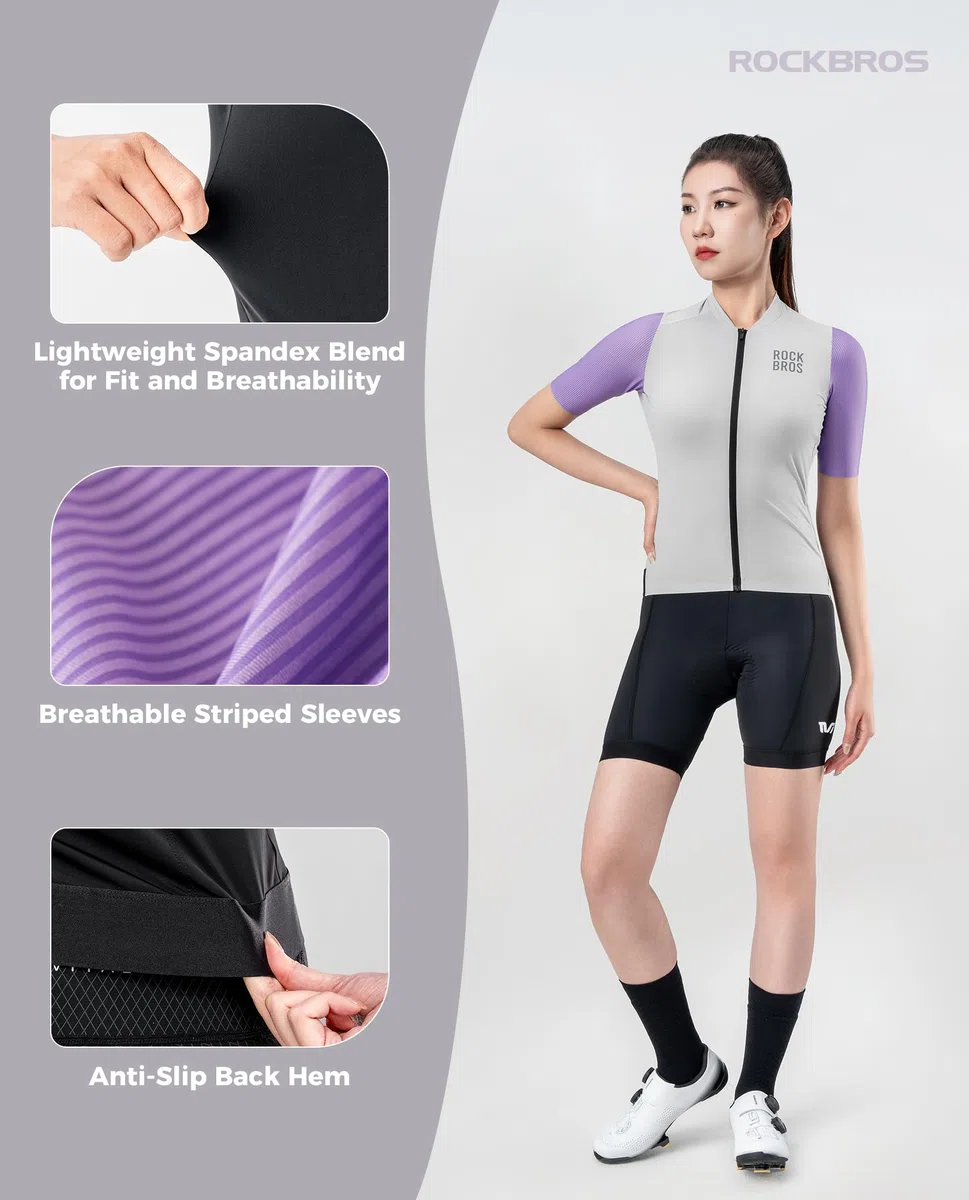 ROCKBROS Magliette da Ciclismo da Donna, Maglia Ciclismo Estiva Donna, Maglia Manica Corta da Ciclismo Traspirante Asciugatura Rapida, Abbigliamento da Ciclismo Donna per Bici da Strada, MTB, 3 Tasche