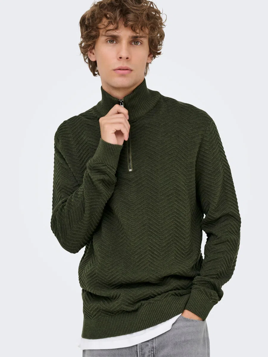 Only & Sons Onsmace Reg 12 Herringbon-Maglia a Mezza Zip Uomo