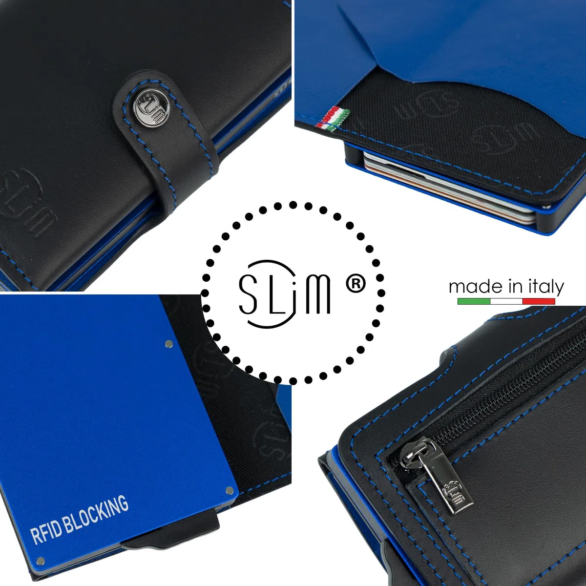 SLim Portafoglio Personalizzabile Porta Carte di Credito Schermato Portacarte Anticlonazione Uomo Donna Personalizzabile (Nero e Azzurro con Zip)